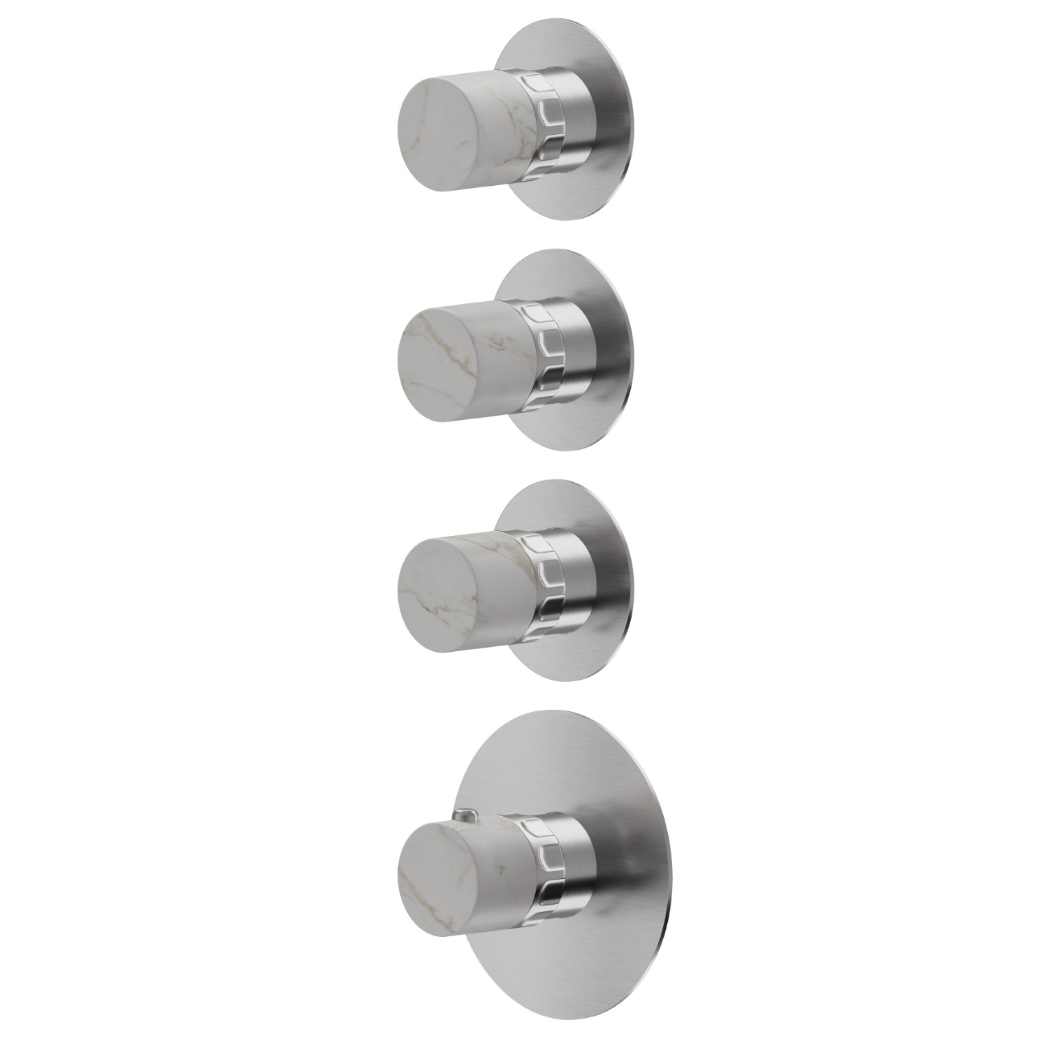 Miscelatore termostatico multiutenza ad incasso a 3 uscite. ingressi ed uscite da 3/4”. Parte esterna - finitura PVD Acciaio Spazzolato
