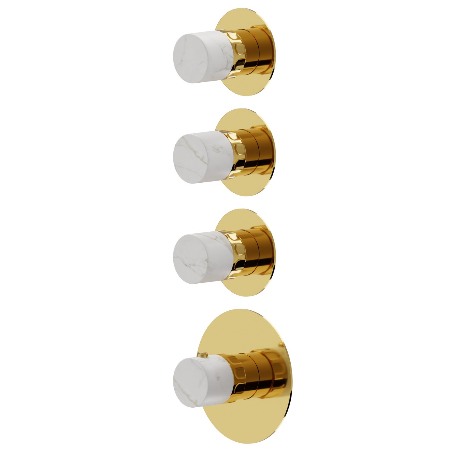 Miscelatore termostatico multiutenza ad incasso a 3 uscite. ingressi ed uscite da 3/4”. Parte esterna - finitura PVD Glossy Gold