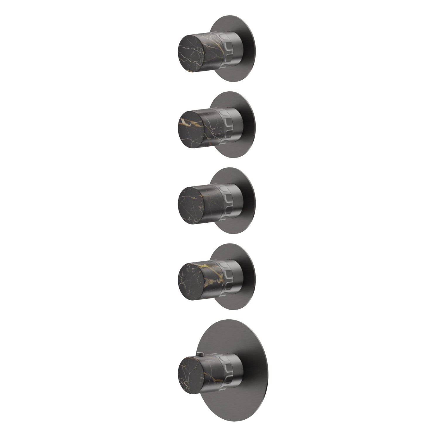 Mitigeurs de douche thermostatiques à encastrer 4 sorties. entrées et sorties de 3/4”. Façade murale - finition PVD Brushed Gun Metal