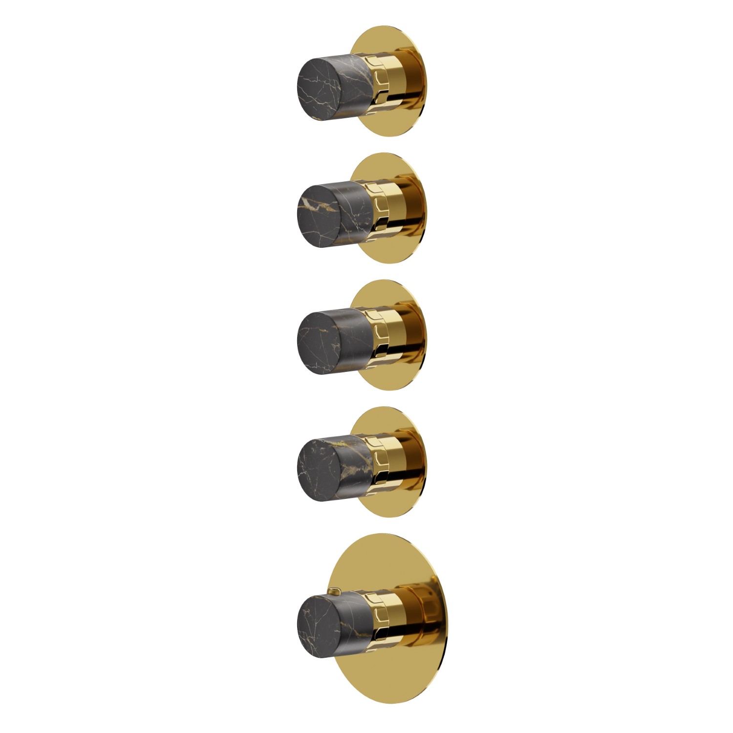 Mitigeurs de douche thermostatiques à encastrer 4 sorties. entrées et sorties de 3/4”. Façade murale - finition PVD Glossy Gold