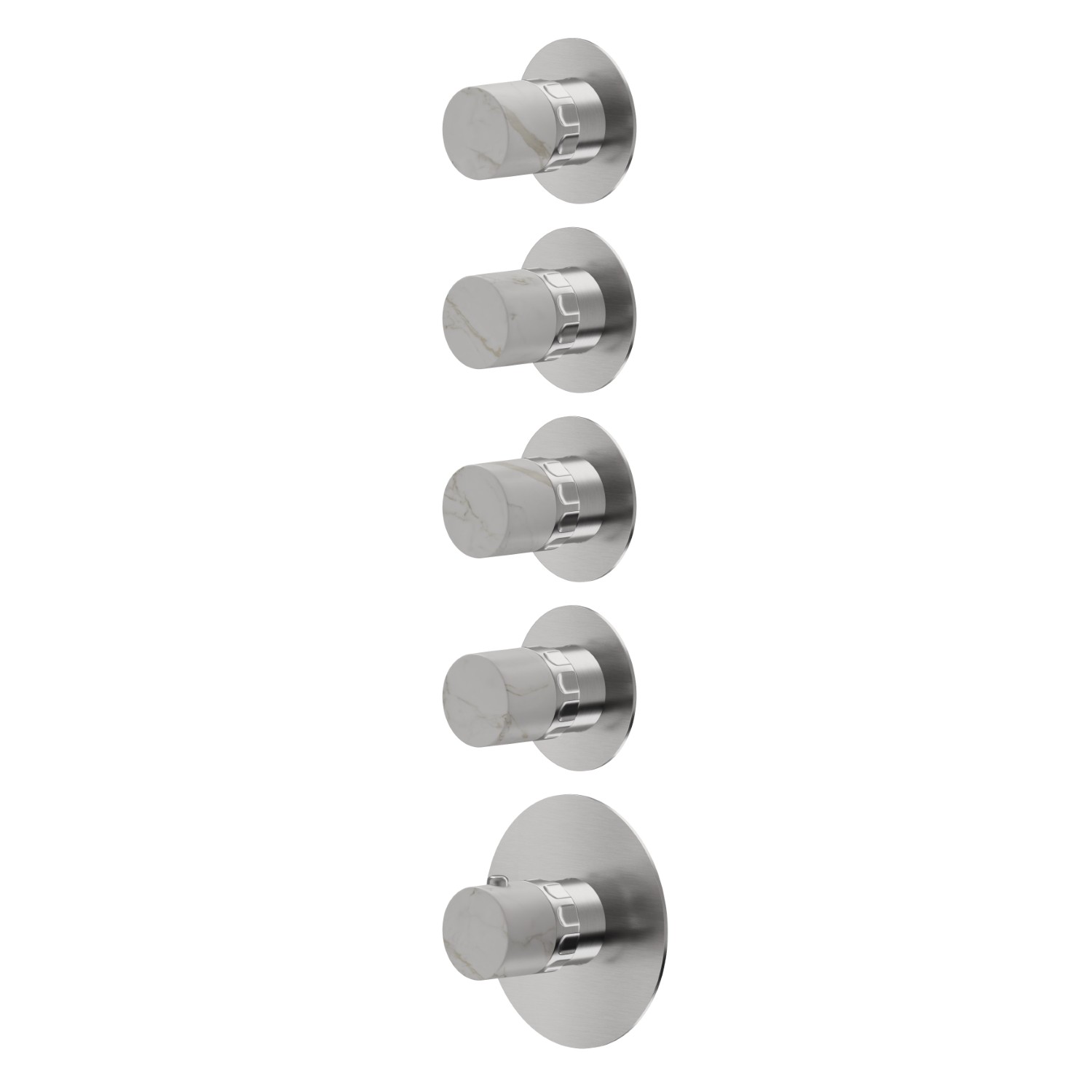 Miscelatore termostatico multiutenza ad incasso a 4 uscite. ingressi ed uscite da 3/4”. Parte esterna - finitura PVD Acciaio Spazzolato