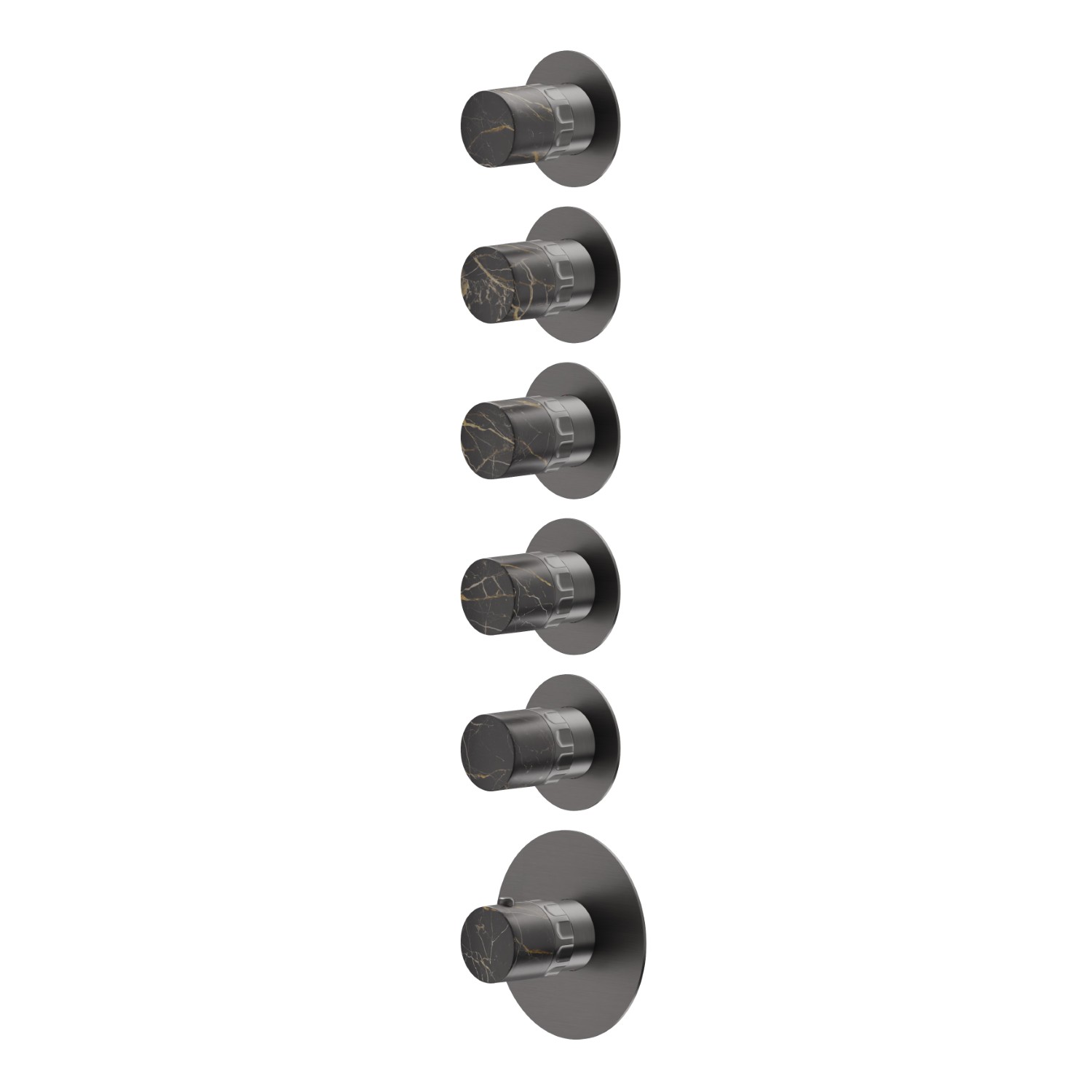 Mitigeurs de douche thermostatiques à encastrer 5 sorties. entrées et sorties de 3/4”. Façade murale - finition PVD Brushed Gun Metal