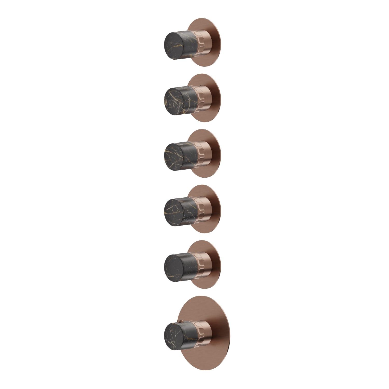 5 ways out concealed thermostatic multifunction selectors. 3/4” connections. External part - finish PVD Brushed Copper Bronze