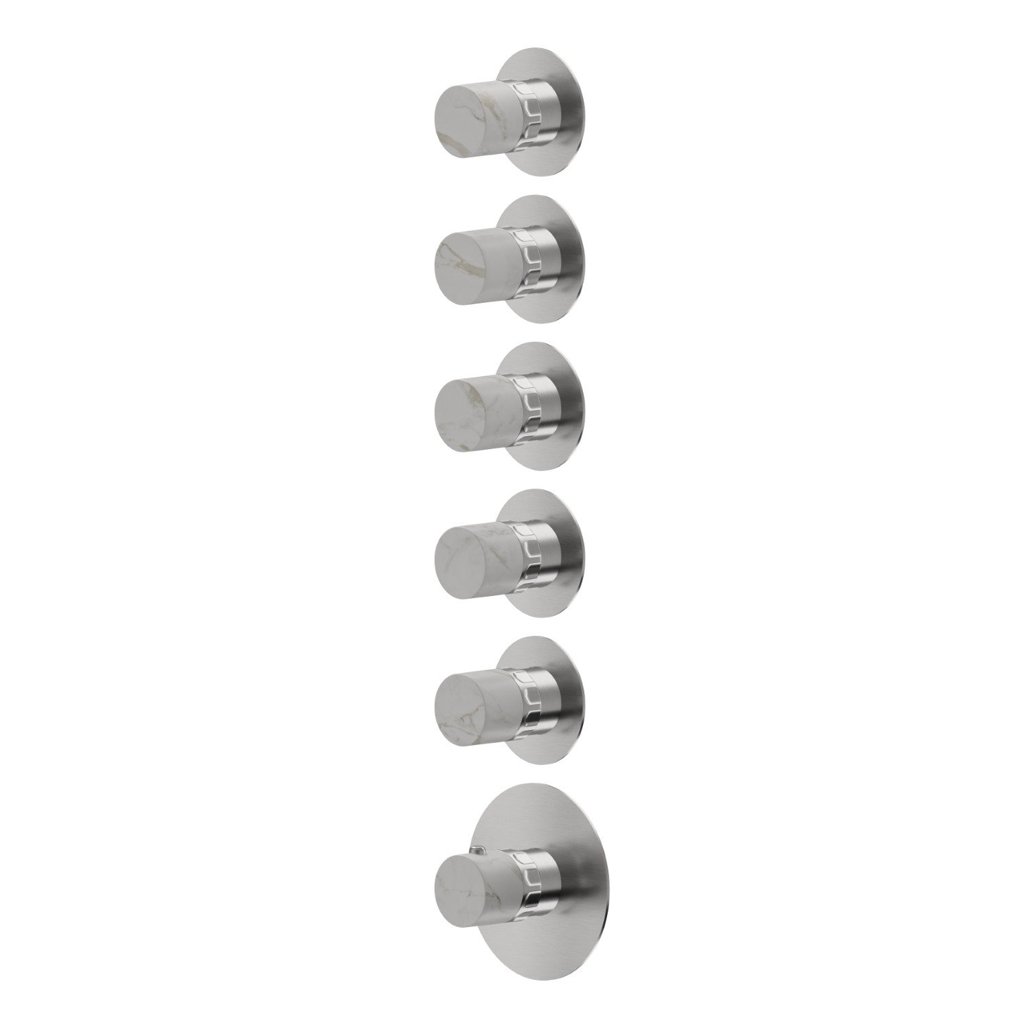 Mitigeurs de douche thermostatiques à encastrer 5 sorties. entrées et sorties de 3/4”. Façade murale - finition PVD Brushed steel