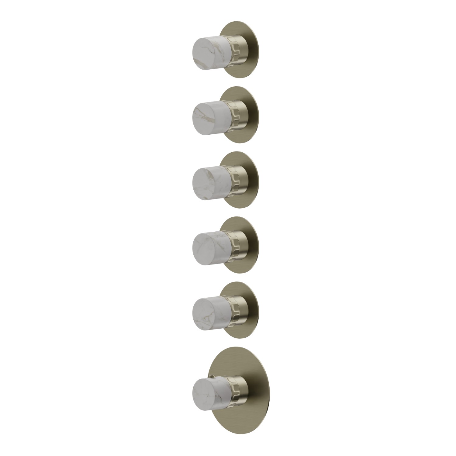 Miscelatore termostatico multiutenza ad incasso a 5 uscite. ingressi ed uscite da 3/4”. Parte esterna - finitura PVD Brushed Pale Gold