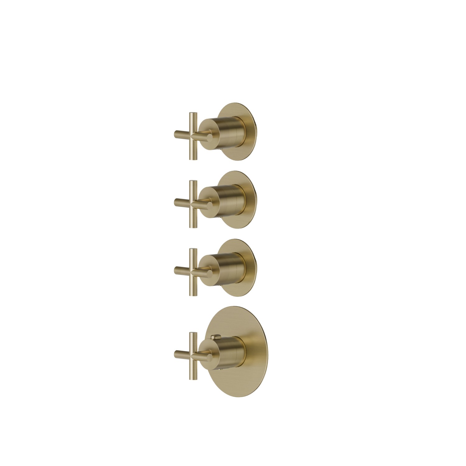 Mitigeurs de douche thermostatiques à encastrer 3 sorties. entrées et sorties de 3/4”. Ø70. Façade murale - finition PVD Brushed Pale Gold