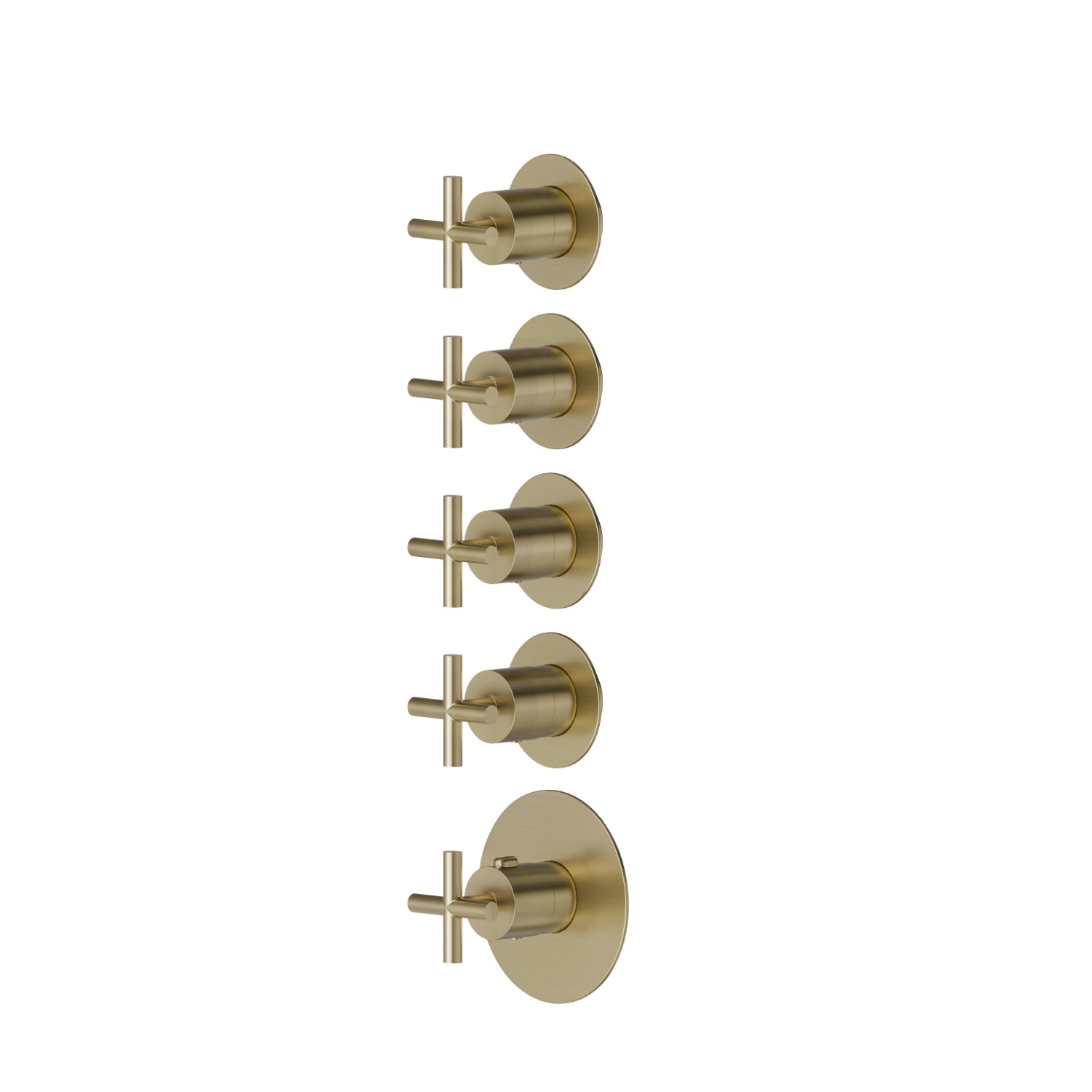 Mitigeurs de douche thermostatiques à encastrer 4 sorties. entrées et sorties de 3/4”. Ø70. Façade murale - finition PVD Brushed Pale Gold
