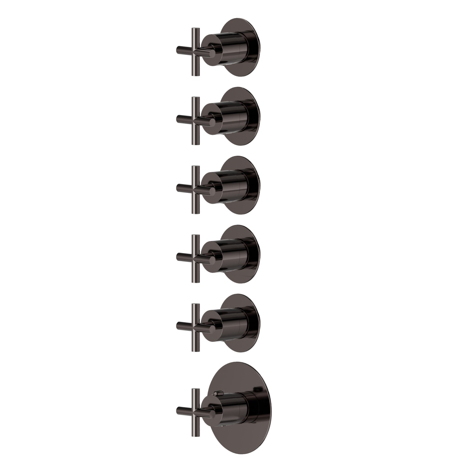 Miscelatore termostatico multiutenza ad incasso a 5 uscite. Ø70. Parte esterna. Ingressi ed uscite da 3/4” - finitura PVD Gun Metal