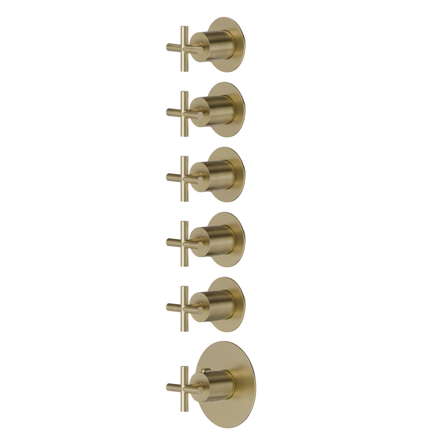 Mitigeurs de douche thermostatiques à encastrer 5 sorties. entrées et sorties de 3/4”. Ø70. Façade murale - finition PVD Brushed Pale Gold