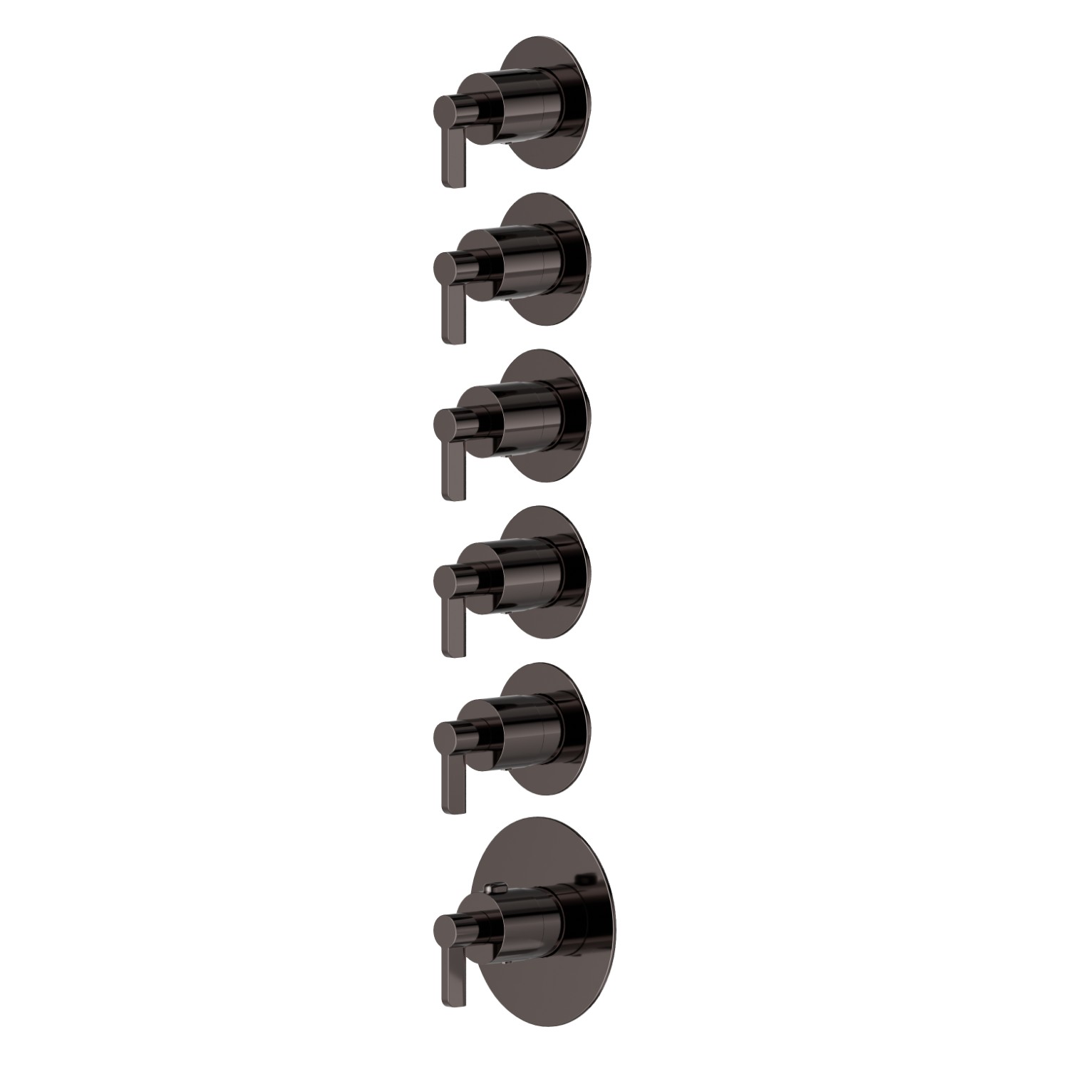 Miscelatore termostatico multiutenza ad incasso a 5 uscite. Ø70. Parte esterna. Ingressi ed uscite da 3/4”  - finitura PVD Gun Metal