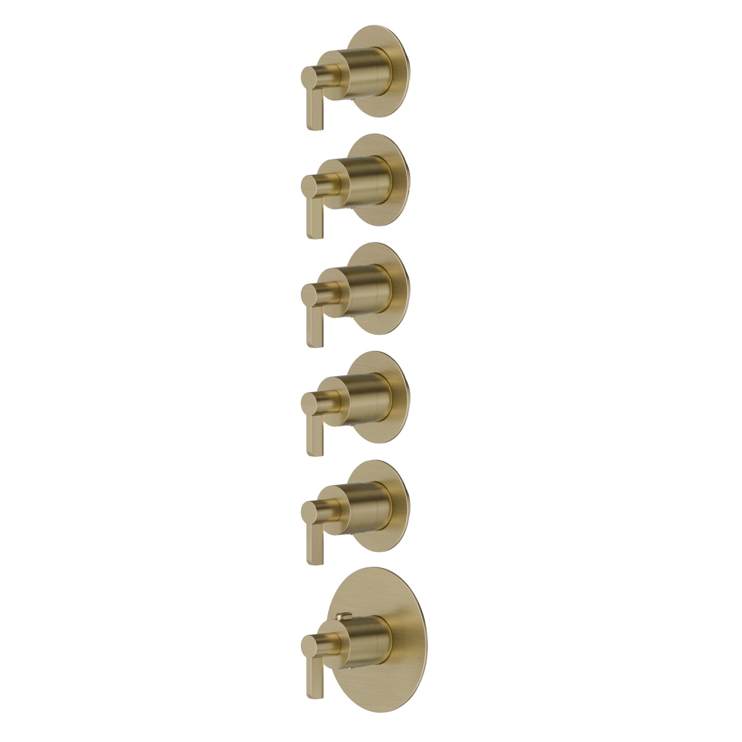 Mitigeurs de douche thermostatiques à encastrer 5 sorties. entrées et sorties de 3/4”. Ø70. Façade murale - finition PVD Brushed Pale Gold