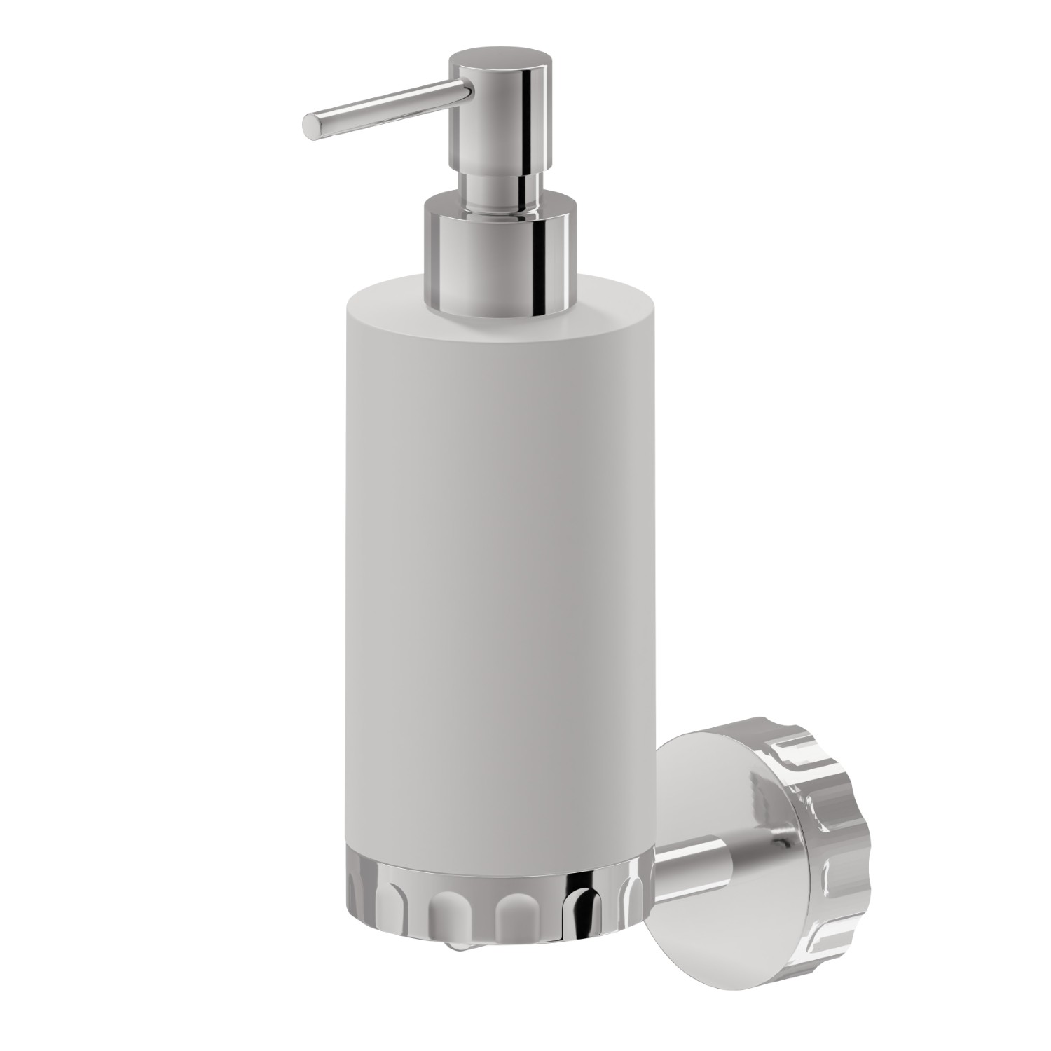 Distributeur de savon mural. Résine blanche - finition Chrome