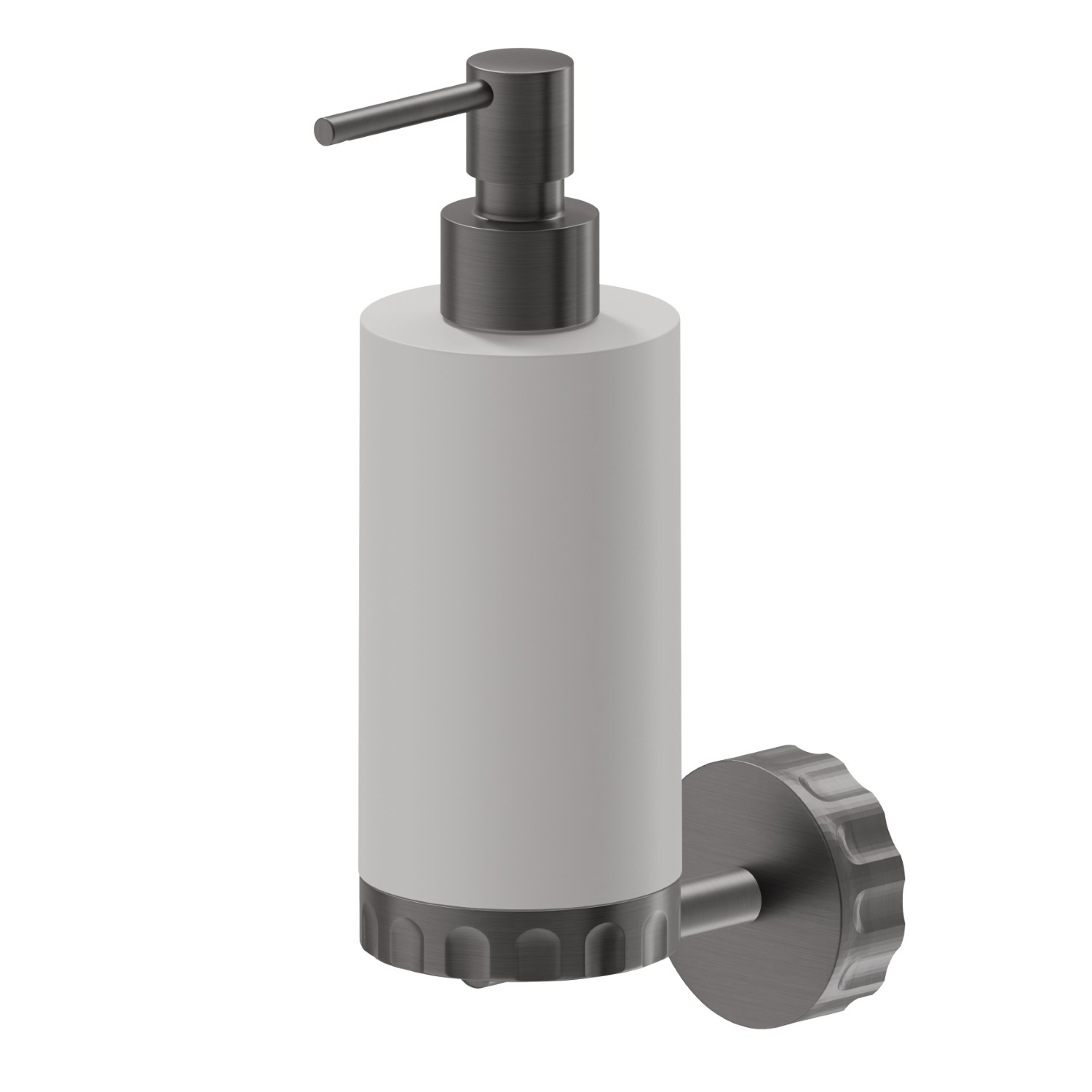 Wall-mounted soap dispenser. White resin - finish PVD Brushed Gun Metal