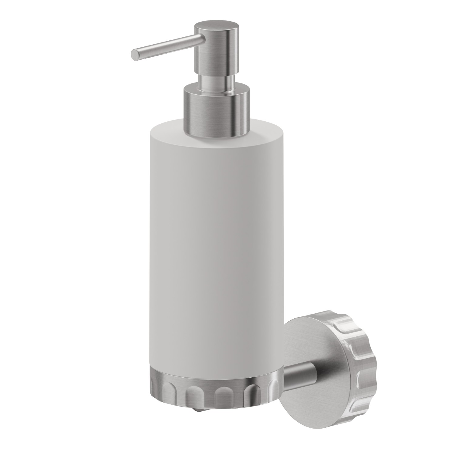 Distributeur de savon mural. Résine blanche - finition PVD Brushed steel