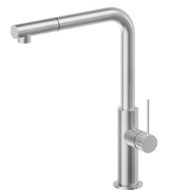 Single-lever sink mixer with L swivel spout and pull-out hand shower - finish Stainless Steel
