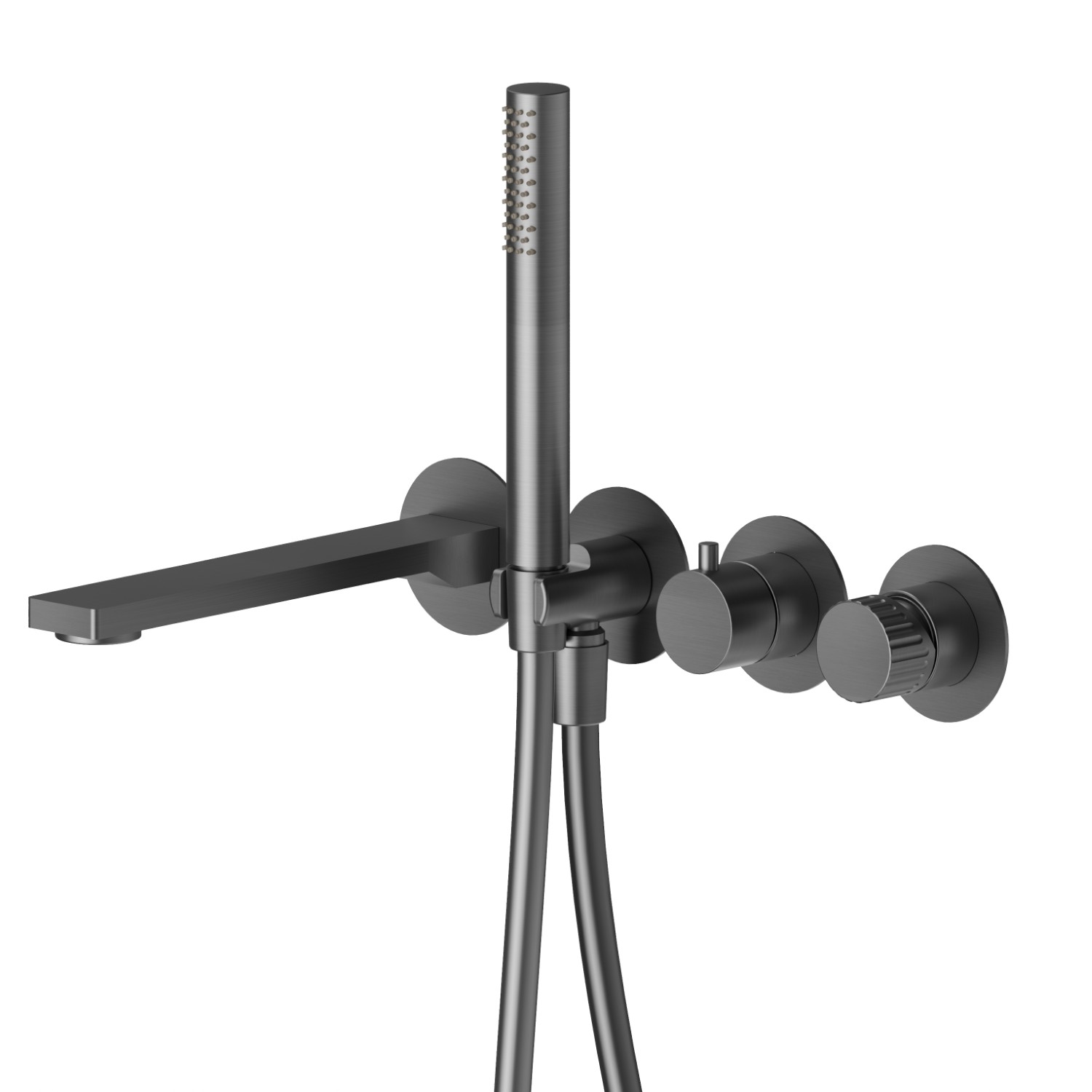 Gruppo vasca a parete composto da miscelatore vasca da incasso con deviatore, bocca di erogazione e set doccia - finitura PVD Brushed Gun Metal