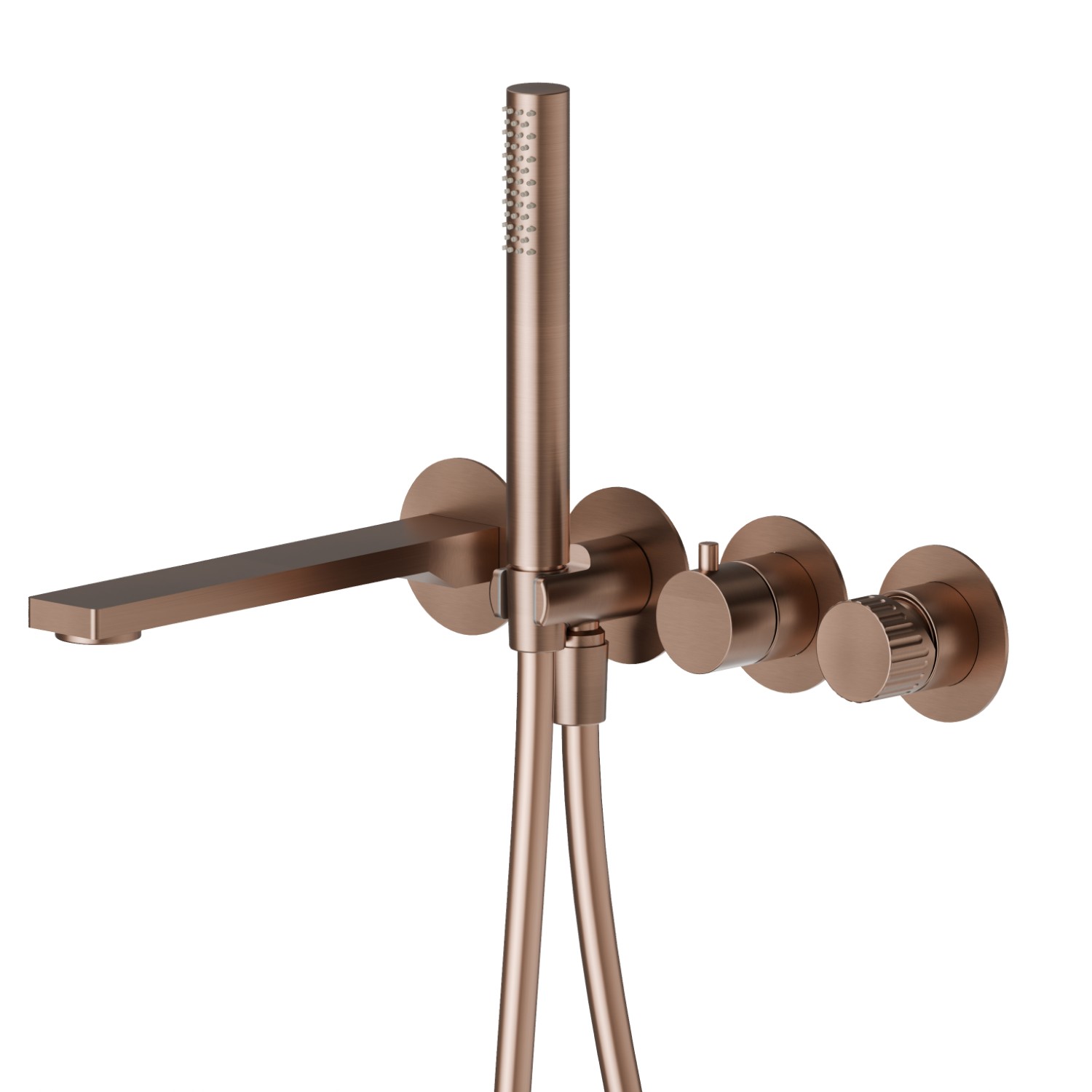 Gruppo vasca a parete composto da miscelatore vasca da incasso con deviatore, bocca di erogazione e set doccia - finitura PVD Brushed Copper Bronze
