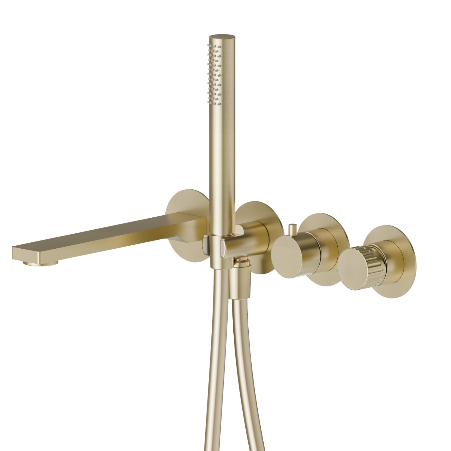Gruppo vasca a parete composto da miscelatore vasca da incasso con deviatore, bocca di erogazione e set doccia - finitura PVD Brushed Pale Gold