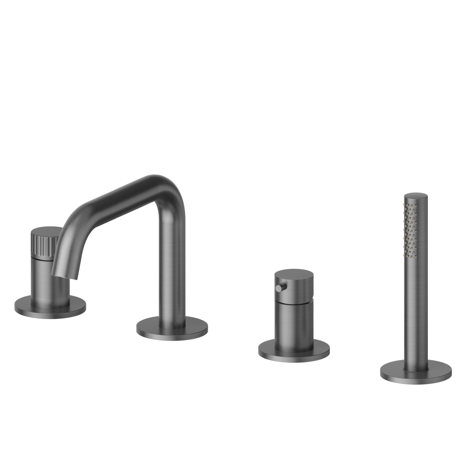 Gruppo bordo vasca 4 fori completo di bocca di erogazione, deviatore e set doccetta - finitura PVD Brushed Gun Metal