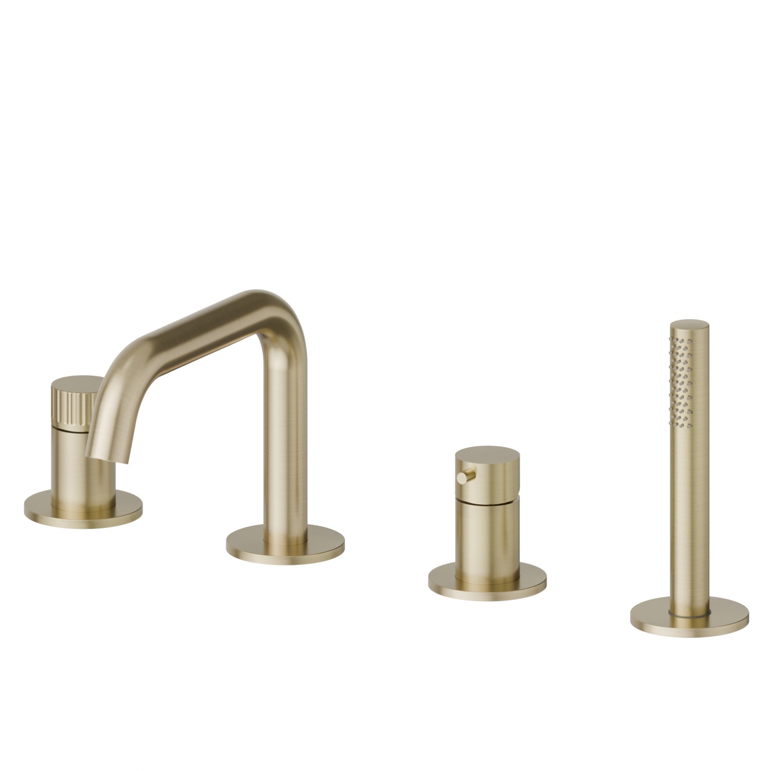 Gruppo bordo vasca 4 fori completo di bocca di erogazione, deviatore e set doccetta - finitura PVD Brushed Pale Gold
