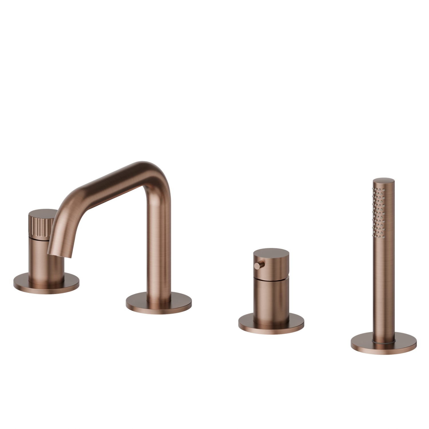 Gruppo bordo vasca 4 fori completo di bocca di erogazione, deviatore e set doccetta - finitura PVD Brushed Copper Bronze