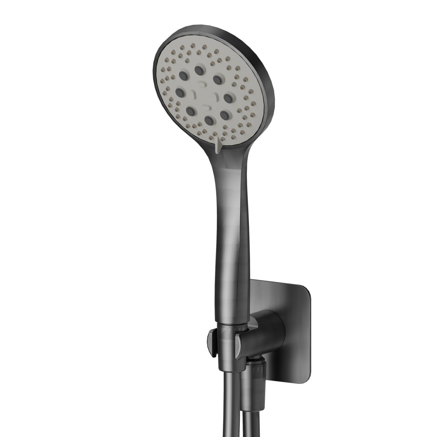 Ensemble de douche avec douchette en ABS 3 jets, flexible et support avec prise d’eau - finition PVD Brushed Gun Metal