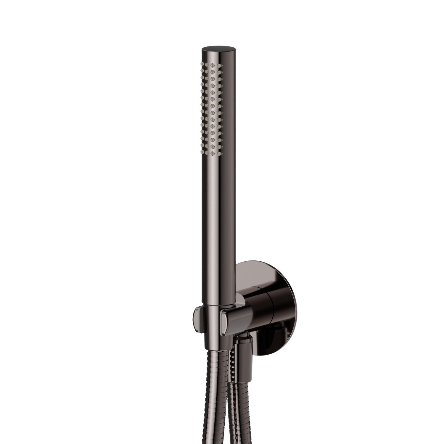Round complete shower set, with brass hand shower, flexible and wall union with shower holder - finish PVD Gun Metal