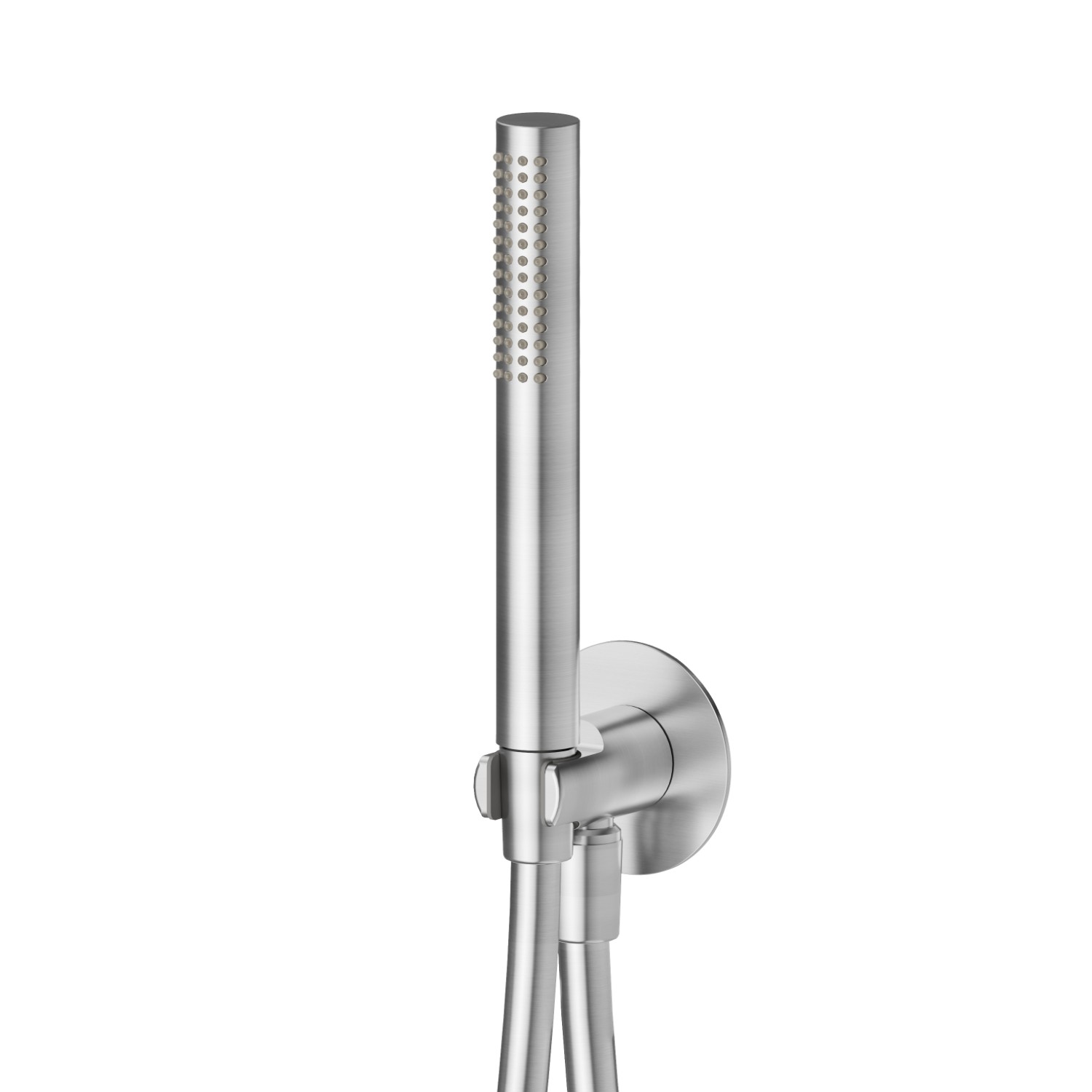 Round complete shower set, with brass hand shower, flexible and wall union with shower holder - finish PVD Brushed steel