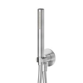 Round complete shower set, with brass hand shower, flexible and wall union with shower holder - finish PVD Brushed steel