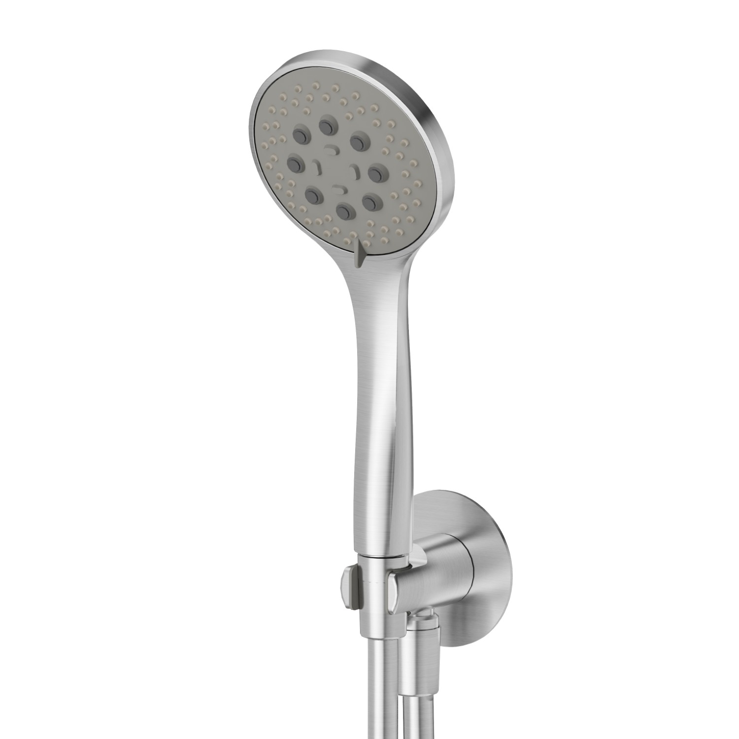 Set doccia completo di doccetta 3 getti in ABS, flessibile e supporto con presa acqua. - finitura PVD Acciaio Spazzolato
