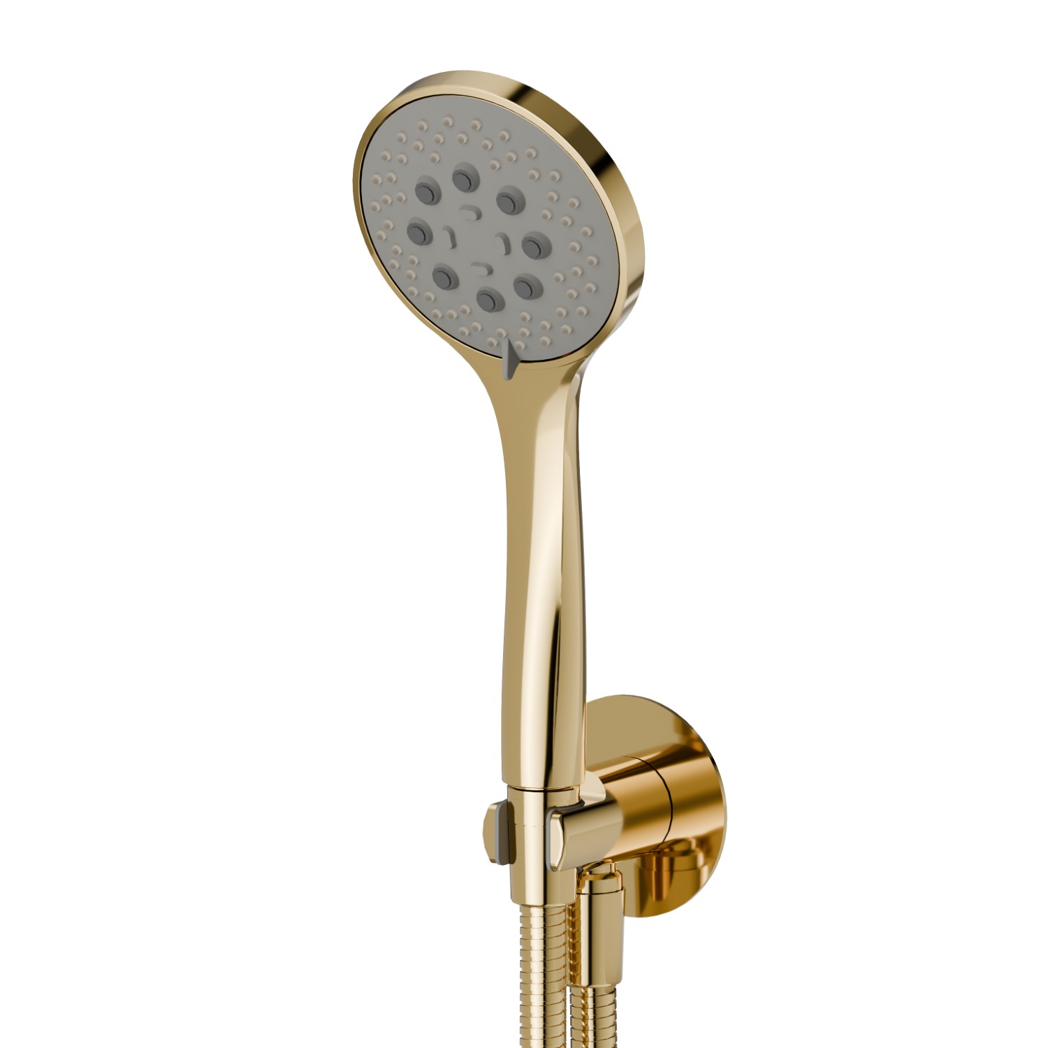 Set doccia completo di doccetta 3 getti in ABS, flessibile e supporto con presa acqua. - finitura PVD Glossy Gold