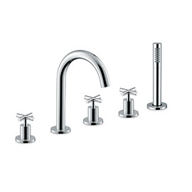 5-hole complete set of: deck mounted mixer, spout, diverter, complete hand shower set.