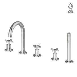 5-hole complete set of: deck mounted mixer, spout, diverter, complete hand shower set.