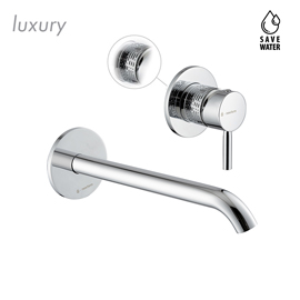 Single lever wall mixer group, without pop-up waste set. Long spout.