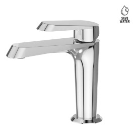 Single lever basin mixer without pop-up waste set.