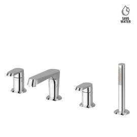 Complete set of: deck mounted mixer, spout, diverte, complete hand shower set.