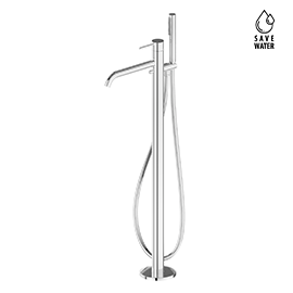 Floor mounted bath group with mixer, diverte and brass shower set.