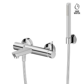 Complete bath group with fixed shower holder, flexible, brass hand shower.