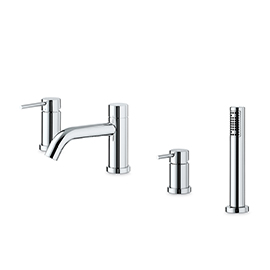 Complete set of: deck mounted mixer, spout with diverter, complete hand shower set
