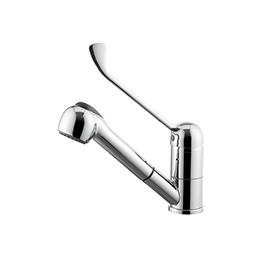 Single-lever sink mixer with swivel spout, double jet pull-out hand shower and long handle