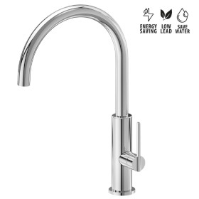 Single lever sink mixer with round swivel spout.