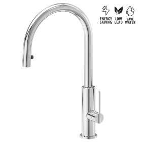 Single-lever sink mixer with round swivel spout and pull-out hand shower.