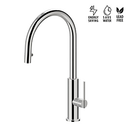 Single-lever sink mixer with round swivel spout and pull-out hand shower.