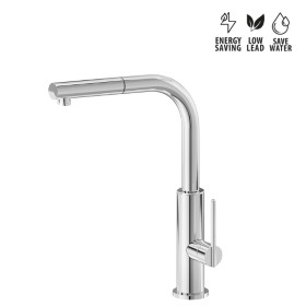 Single-lever sink mixer with “L” swivel spout and pull-out hand shower.