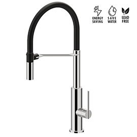“Semiprofessional” single-lever sink mixer with round swivel spout.