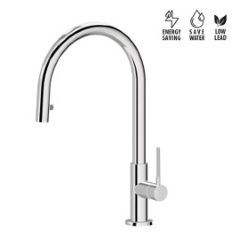 Single-lever sink mixer, round swivel spout and single jet retractable pull-out hand shower