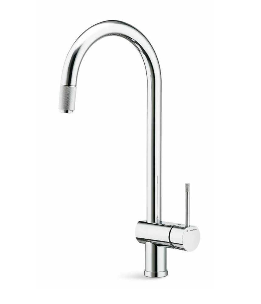 Single-lever sink mixer, round and tubular swivel spout, with pull-out hand shower