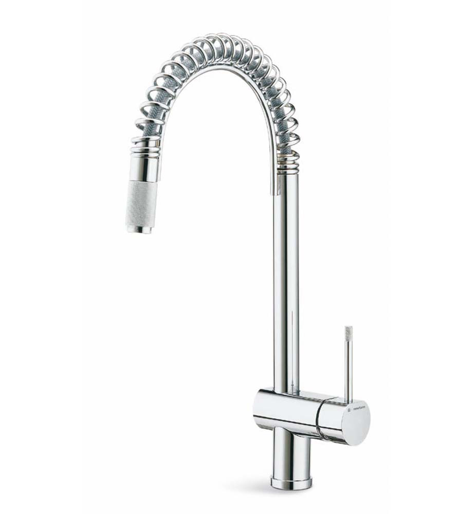 Single-lever sink mixer, round and tubular swivel spout, with pull-out hand shower