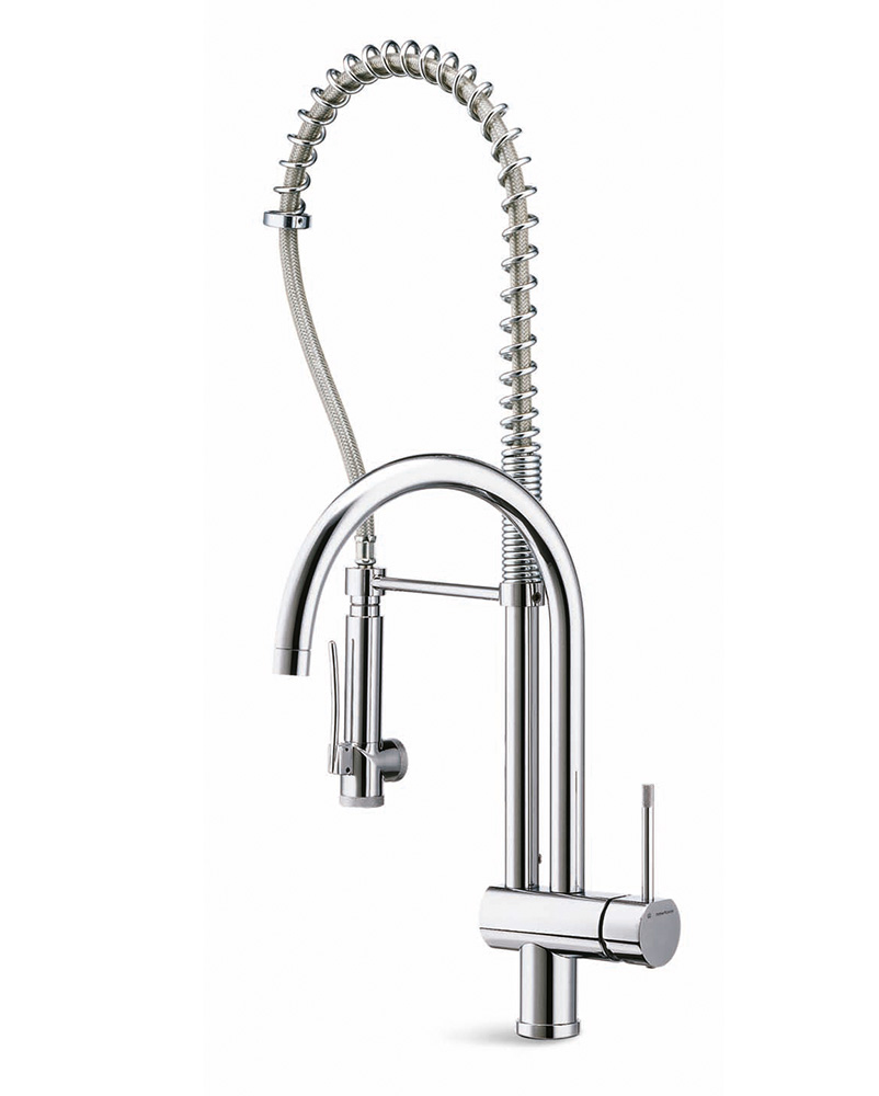 Single-lever mixer for 1-hole sink, with two swivel spouts and dishwashing shower hand with stop