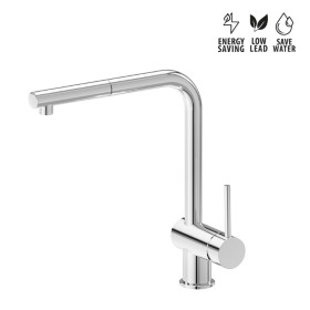 Single-lever sink mixer with “L” swivel spout and pull-out hand shower.